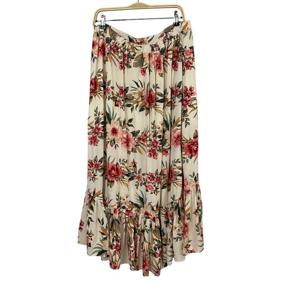 Dex Floral Hawaiian Print Midi Skirt Women XL Cream Red Ruffle Cottagecore Boho - Picture 2 of 11